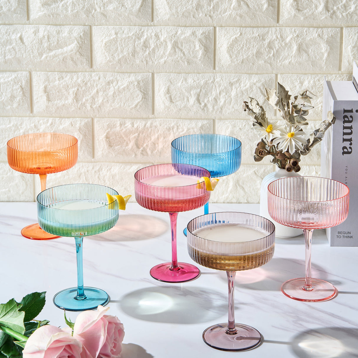 Como Ribbed Champagne Coupe Cocktail Glassware, Set of 6