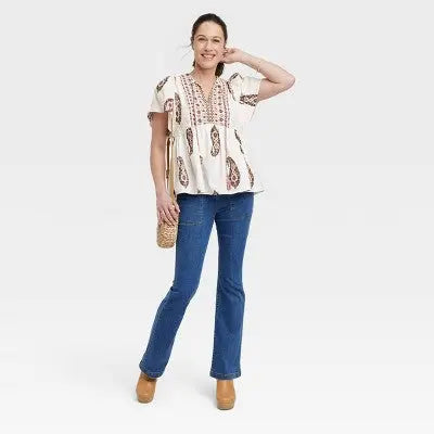 Knox Rose Women's Plus V Neck Tie Collar Front Flutter Sleeve Top Short