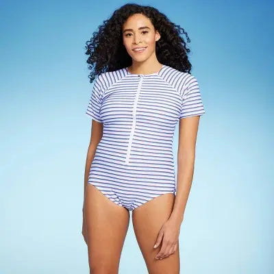 Kona Sol Striped Rash Guard Swimsuit - UPF 50+ Full Coverage & Front Zipper