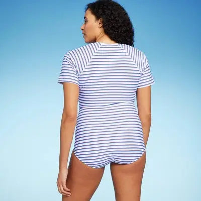 Kona Sol Striped Rash Guard Swimsuit - UPF 50+ Full Coverage & Front Zipper