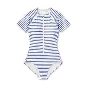 Kona Sol Striped Rash Guard Swimsuit - UPF 50+ Full Coverage & Front Zipper