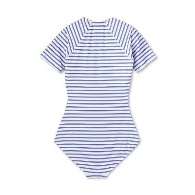Kona Sol Striped Rash Guard Swimsuit - UPF 50+ Full Coverage & Front Zipper