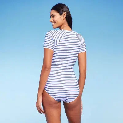 Kona Sol Striped Rash Guard Swimsuit - UPF 50+ Full Coverage & Front Zipper