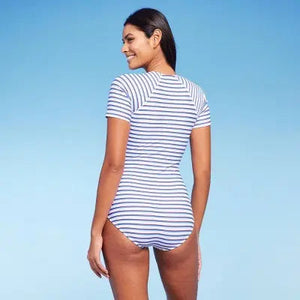 Kona Sol Striped Rash Guard Swimsuit - UPF 50+ Full Coverage & Front Zipper