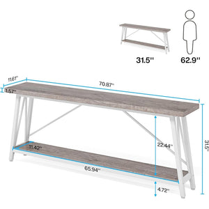 Heavy Duty 70-inch Industrial Grey Wood Top Sofa Table with White Metal Frame