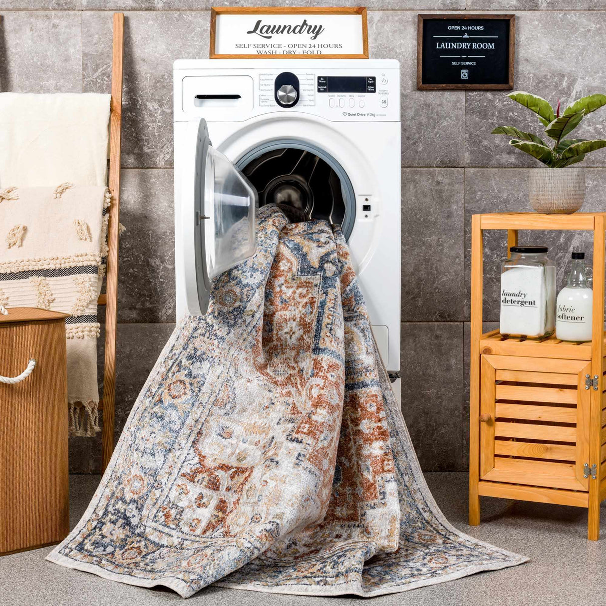 Neta Red & Blue Flat Pile Washable Rug