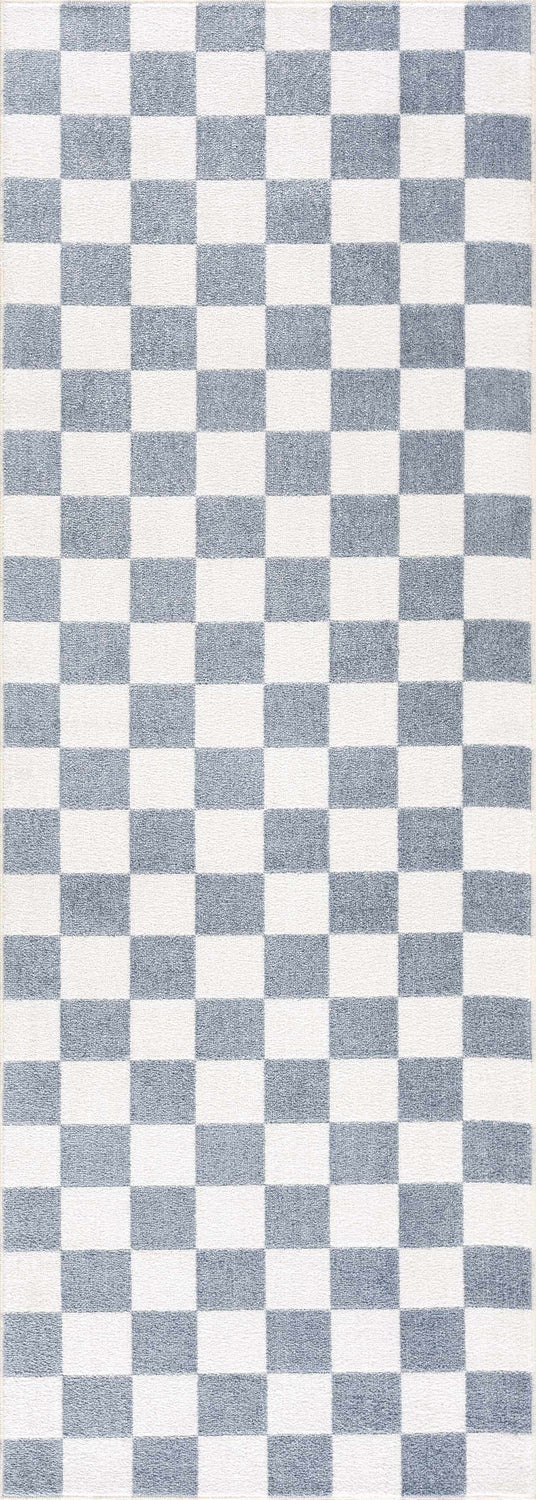 Brone Blue Checkered Washable Rug