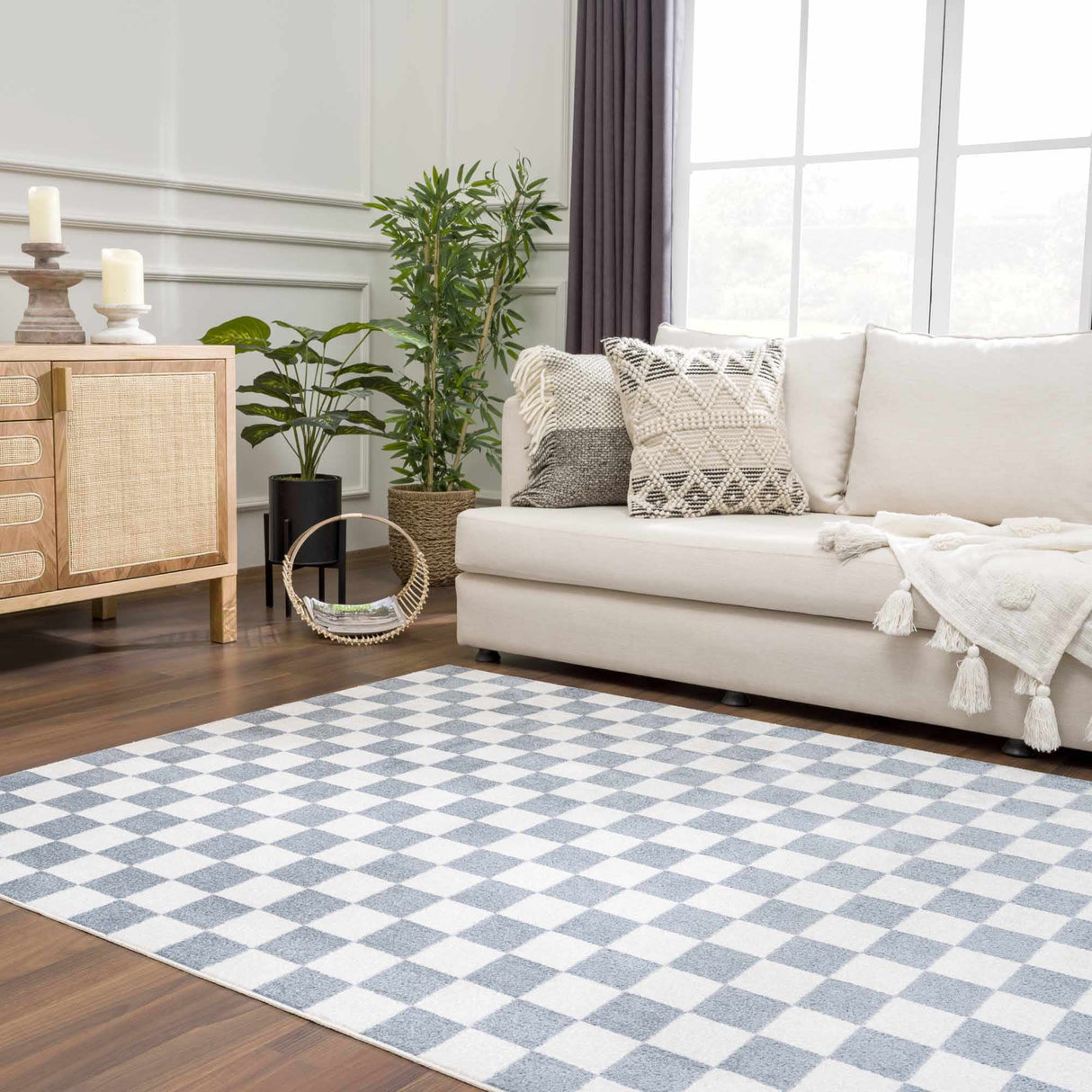 Brone Blue Checkered Washable Rug