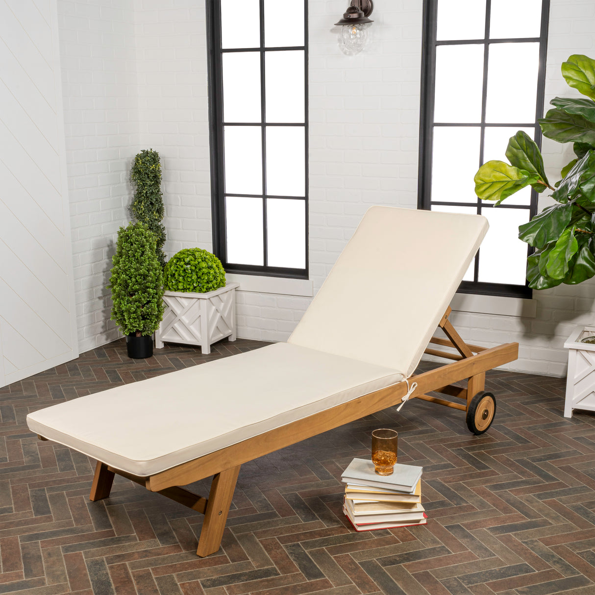 Mallorca modern classic adjustable acacia wood chaise outdoor lounge chair with cushion & wheels
