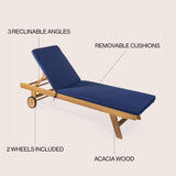Mallorca modern classic adjustable acacia wood chaise outdoor lounge chair with cushion & wheels
