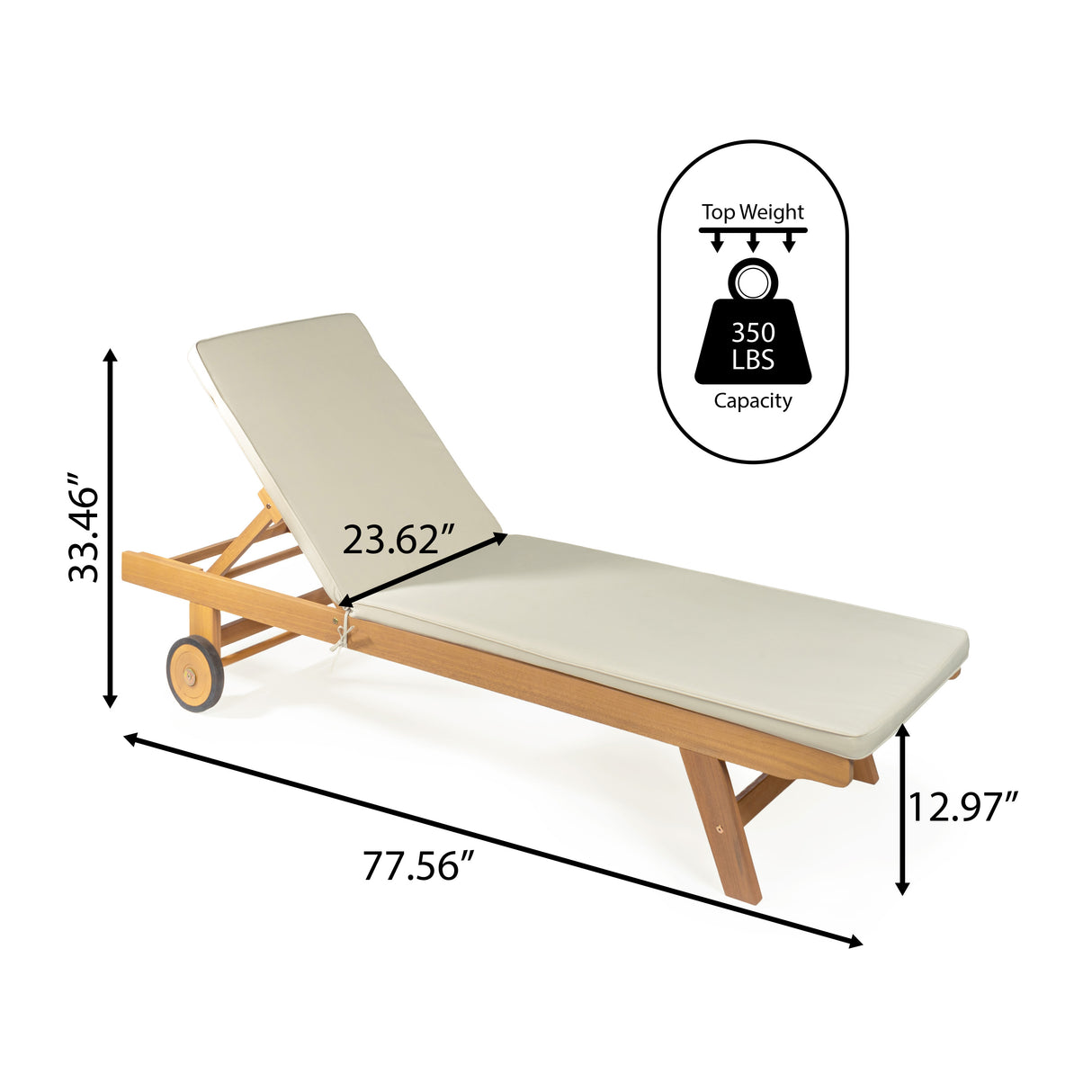 Mallorca modern classic adjustable acacia wood chaise outdoor lounge chair with cushion & wheels