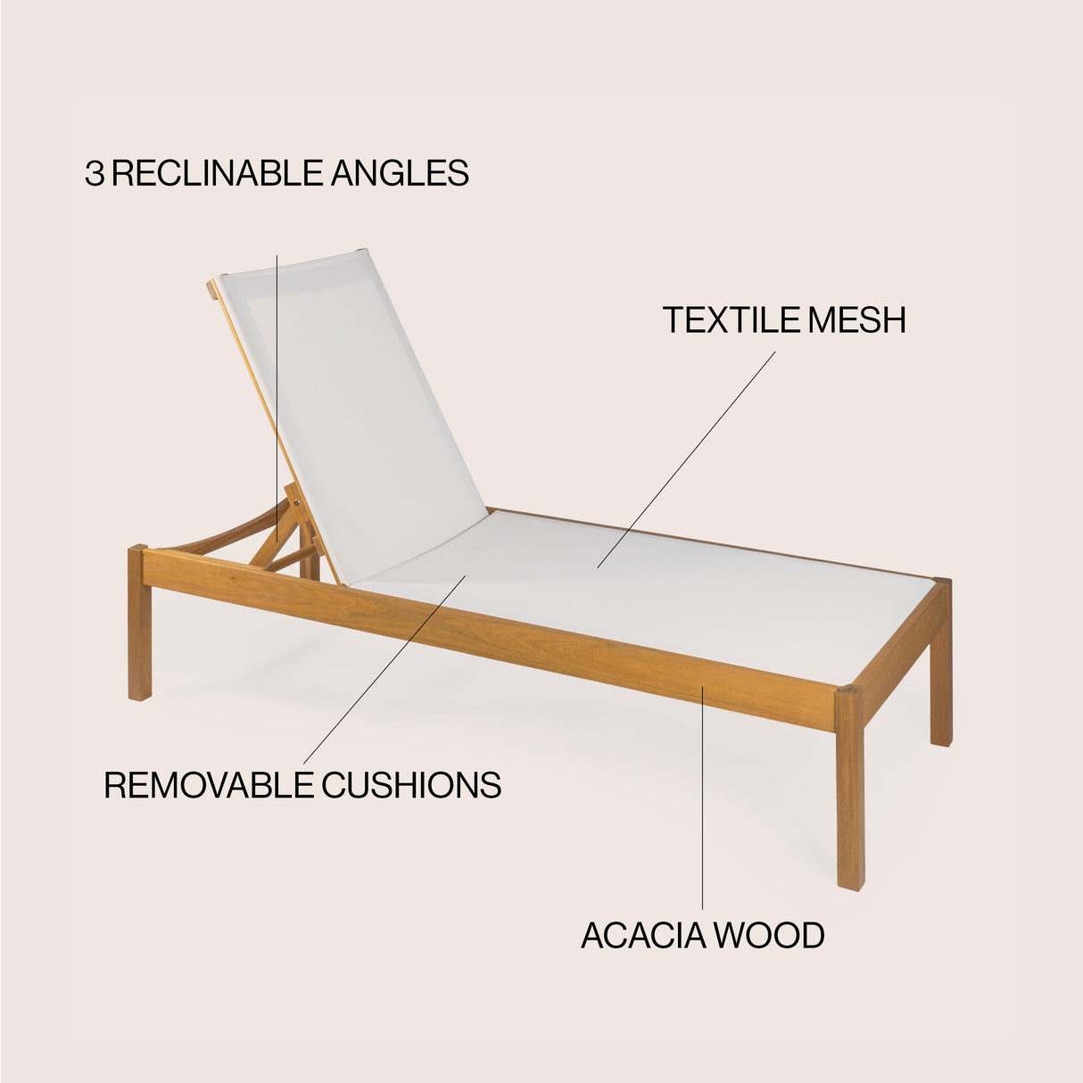 Lagunan modern minimalist adjustable acacia wood chaise outdoor lounge chair