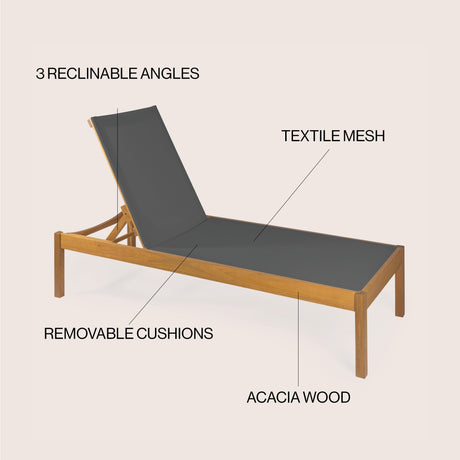 Lagunan modern minimalist adjustable acacia wood chaise outdoor lounge chair