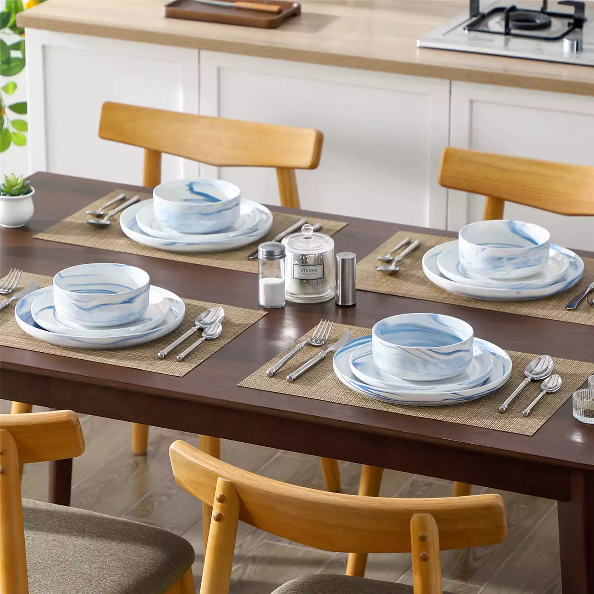 Luna Marble Blue 24 Piece Dinnerware Set for 8