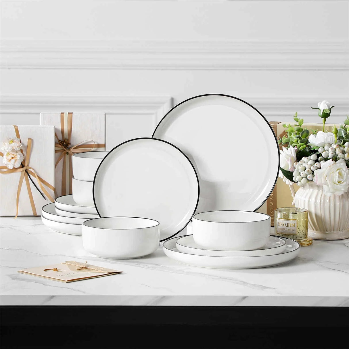 Luna Marble Grey 12 Piece Dinnerware Set
