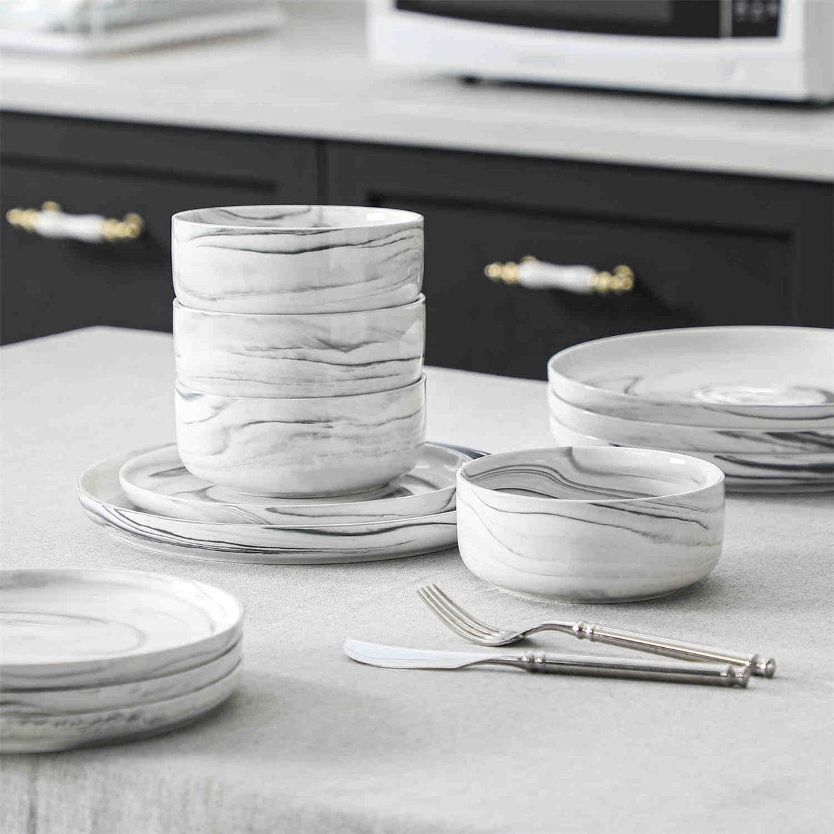 Luna Marble Grey 12 Piece Dinnerware Set