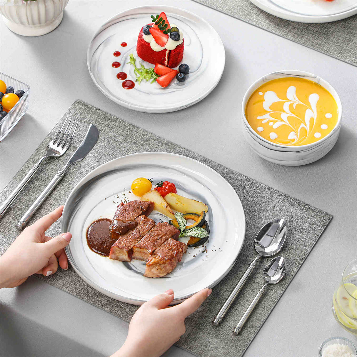 Luna Marble Blue 12 Piece Dinnerware Set