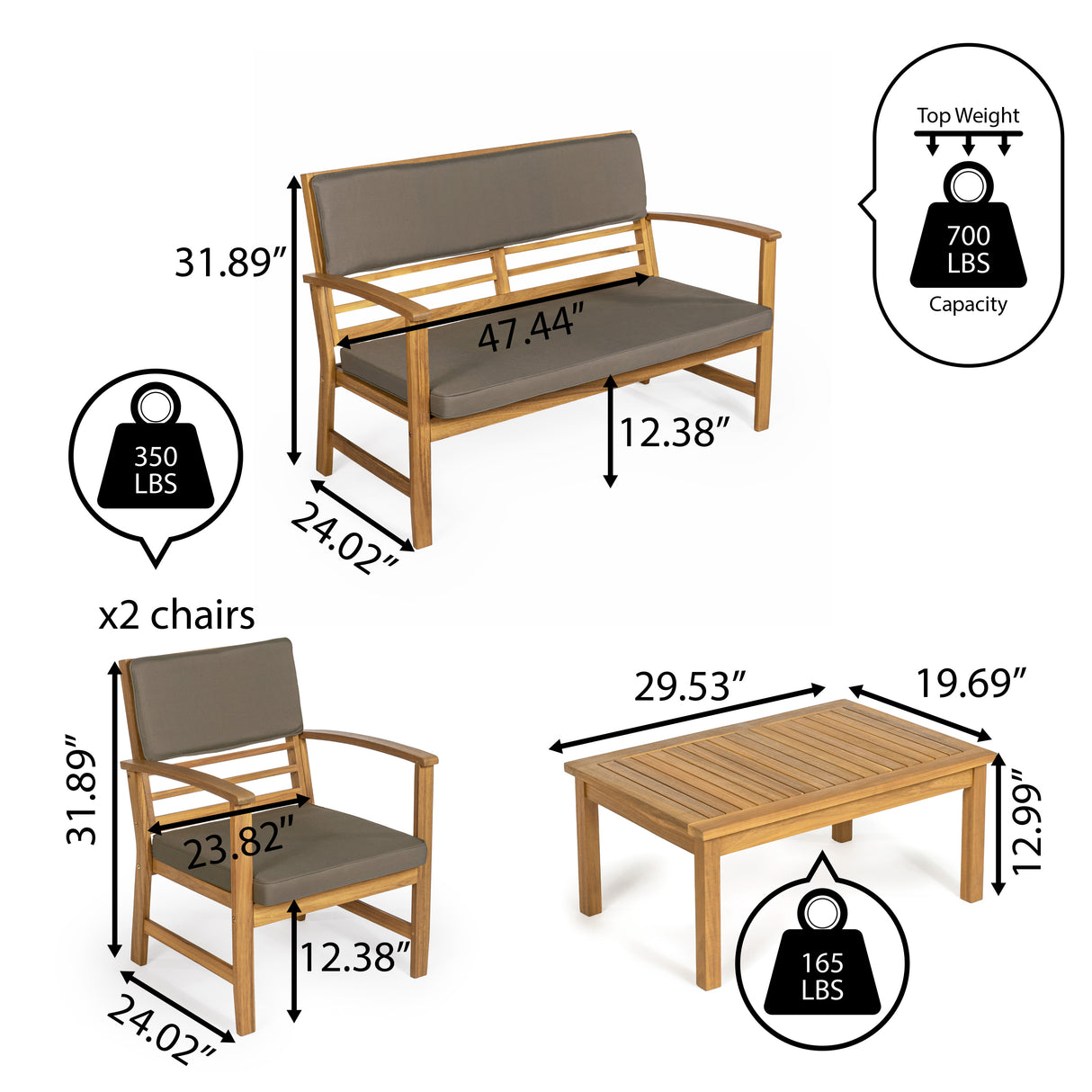 Barclay 4-Piece Modern Coastal Acacia Wood Conversation Outdoor Patio Set with Cushions
