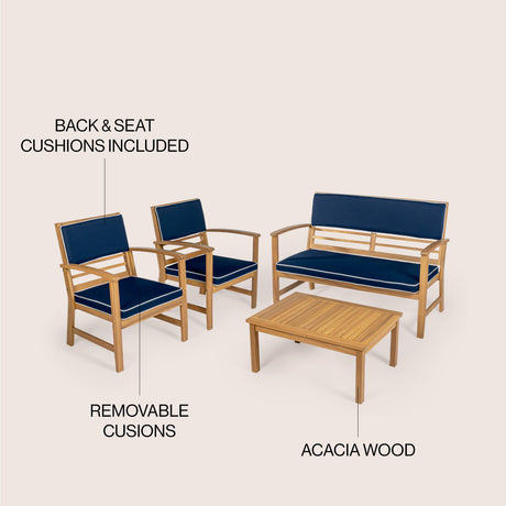 Barclay 4-Piece Modern Coastal Acacia Wood Conversation Outdoor Patio Set with Cushions