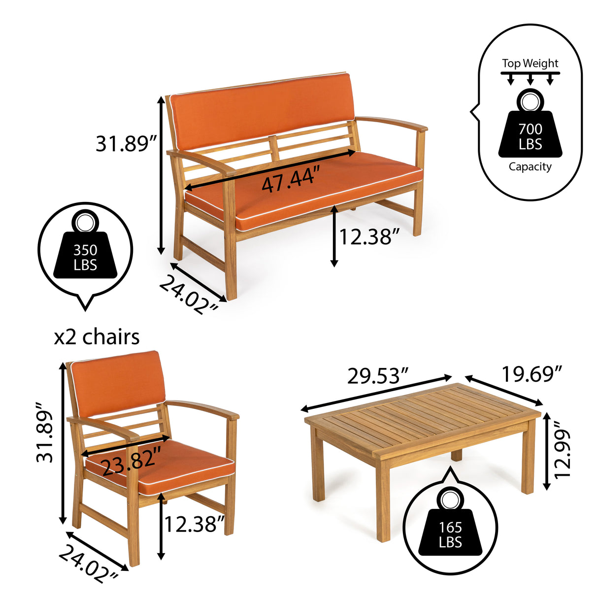 Barclay 4-Piece Modern Coastal Acacia Wood Conversation Outdoor Patio Set with Cushions