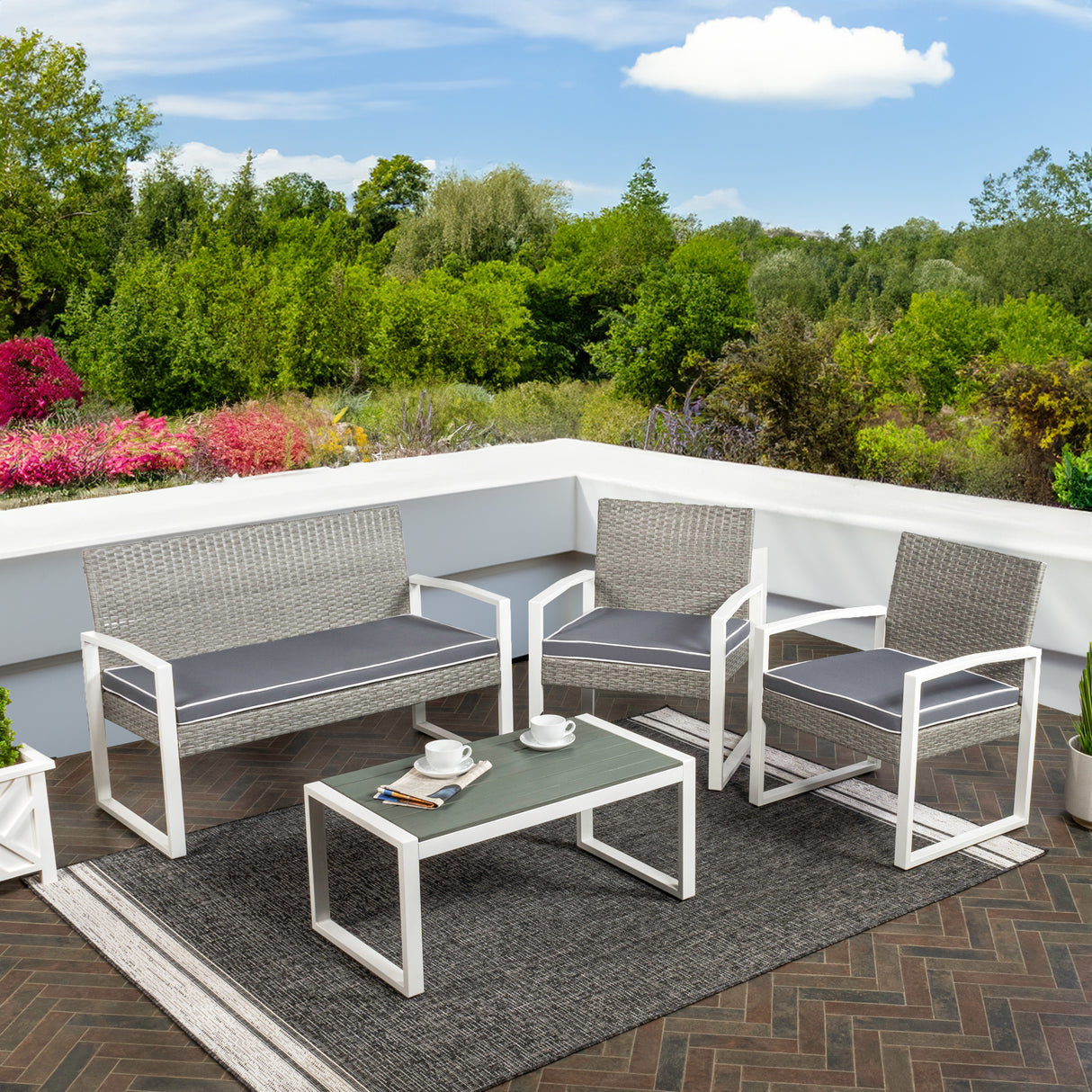 Elina 4-Piece Modern Coastal Faux Wicker Conversation Outdoor Patio Set