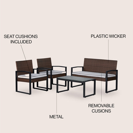 Elina 4-Piece Modern Coastal Faux Wicker Conversation Outdoor Patio Set