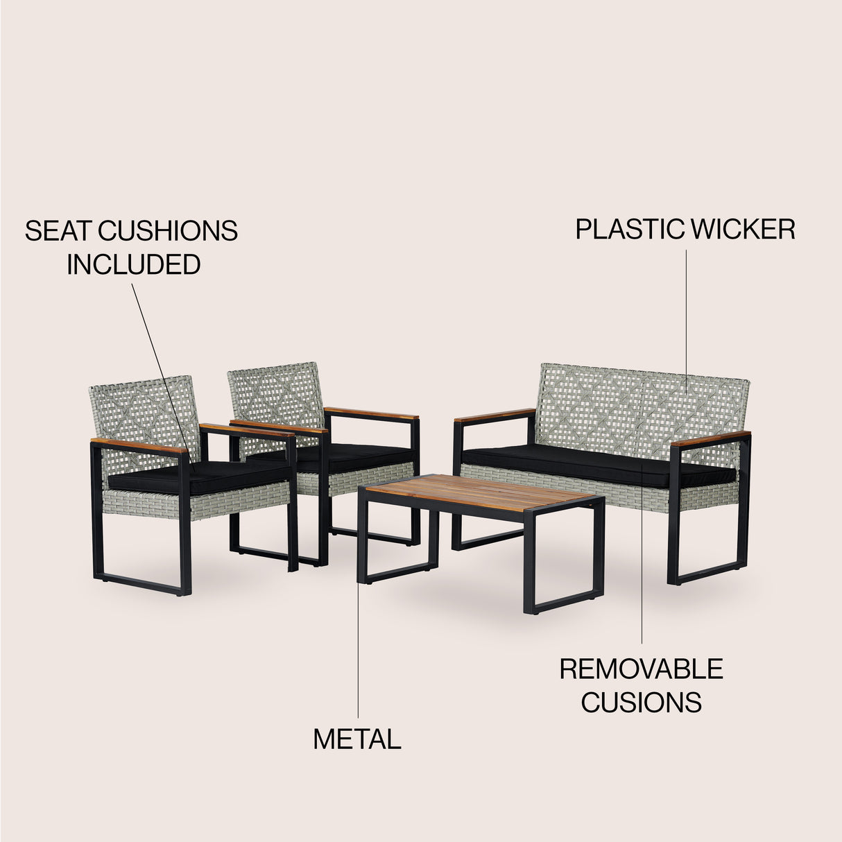 Wilder 4-Piece Modern Coastal Faux Wicker Conversation Outdoor Patio Set