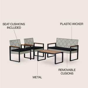 Wilder 4-Piece Modern Coastal Faux Wicker Conversation Outdoor Patio Set