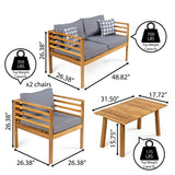 Thom 4-Piece Mid-Century Modern Acacia Wood Outdoor Patio Set with Cushions and Plaid Decorative Pillows