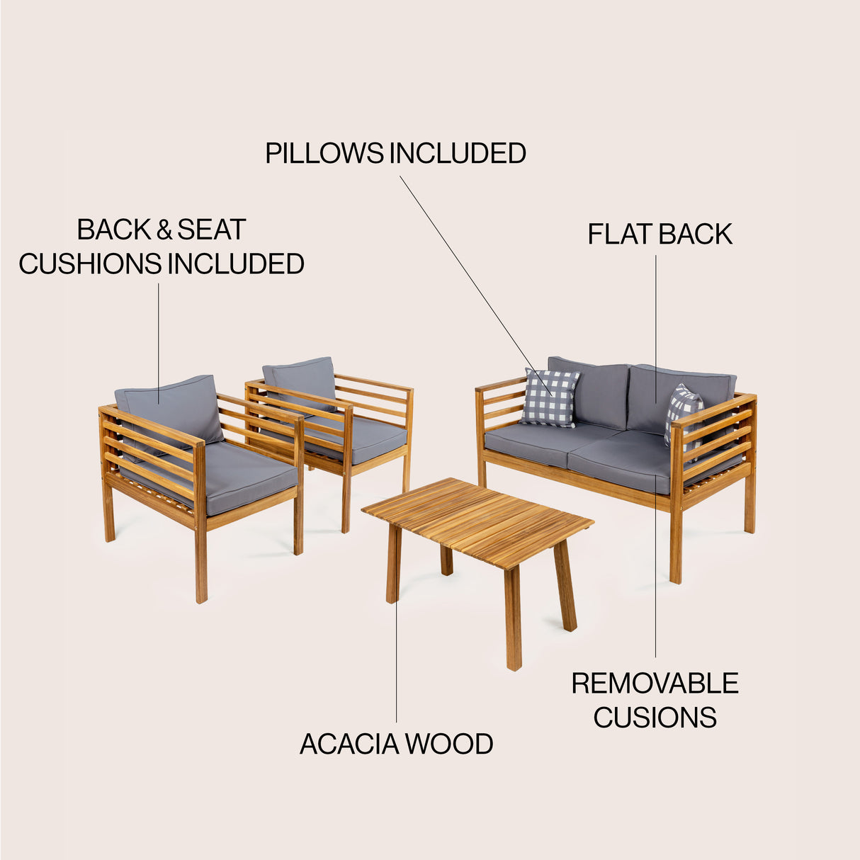 Thom 4-Piece Mid-Century Modern Acacia Wood Outdoor Patio Set with Cushions and Plaid Decorative Pillows