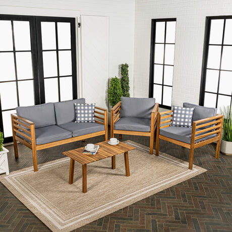 Thom 4-Piece Mid-Century Modern Acacia Wood Outdoor Patio Set with Cushions and Plaid Decorative Pillows