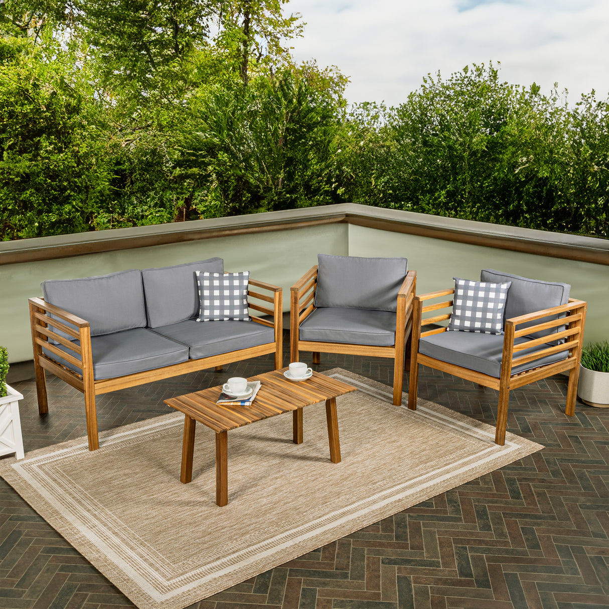 Thom 4-Piece Mid-Century Modern Acacia Wood Outdoor Patio Set with Cushions and Plaid Decorative Pillows