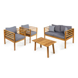 Thom 4-Piece Mid-Century Modern Acacia Wood Outdoor Patio Set with Cushions and Plaid Decorative Pillows