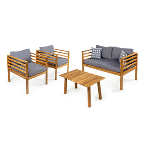 Thom 4-Piece Mid-Century Modern Acacia Wood Outdoor Patio Set with Cushions and Plaid Decorative Pillows
