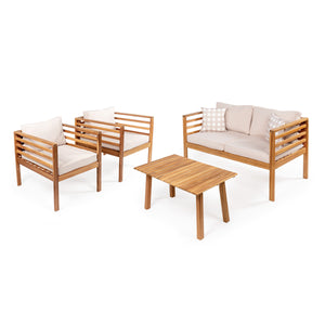 Thom 4-Piece Mid-Century Modern Acacia Wood Outdoor Patio Set with Cushions and Plaid Decorative Pillows