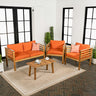 Thom 4-Piece Mid-Century Modern Acacia Wood Outdoor Patio Set with Cushions and Plaid Decorative Pillows