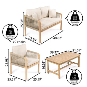 Tavira 4-Piece Modern Bohemian Acacia Wood Outdoor Patio Set with Cushions and Plain Decorative Pillows