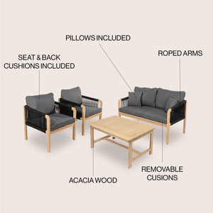 Tavira 4-Piece Modern Bohemian Acacia Wood Outdoor Patio Set with Cushions and Plain Decorative Pillows