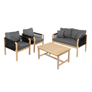 Tavira 4-Piece Modern Bohemian Acacia Wood Outdoor Patio Set with Cushions and Plain Decorative Pillows