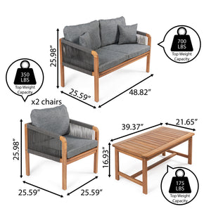 Tavira 4-Piece Modern Bohemian Acacia Wood Outdoor Patio Set with Cushions and Plain Decorative Pillows