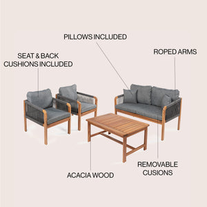 Tavira 4-Piece Modern Bohemian Acacia Wood Outdoor Patio Set with Cushions and Plain Decorative Pillows