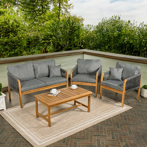 Tavira 4-Piece Modern Bohemian Acacia Wood Outdoor Patio Set with Cushions and Plain Decorative Pillows
