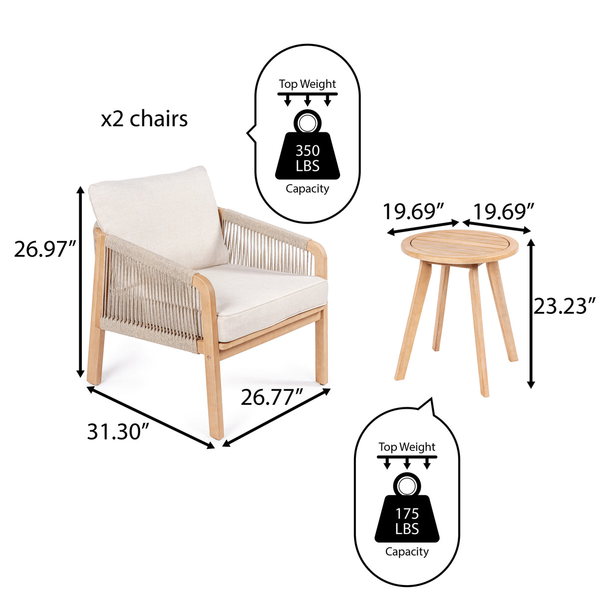 Aveiro 3-Piece Modern Bohemian Roped Acacia Wood Conversation Outdoor Patio Set with Cushions