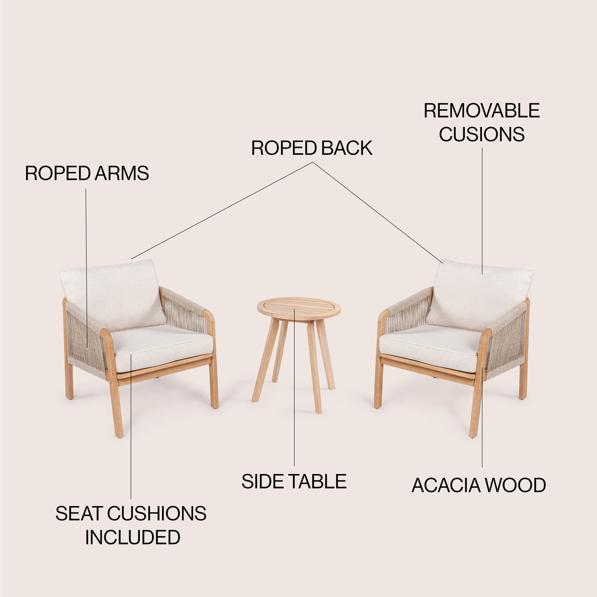Aveiro 3-Piece Modern Bohemian Roped Acacia Wood Conversation Outdoor Patio Set with Cushions