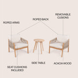 Aveiro 3-Piece Modern Bohemian Roped Acacia Wood Conversation Outdoor Patio Set with Cushions