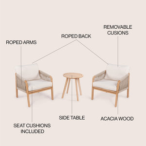 Aveiro 3-Piece Modern Bohemian Roped Acacia Wood Conversation Outdoor Patio Set with Cushions