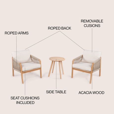 Aveiro 3-Piece Modern Bohemian Roped Acacia Wood Conversation Outdoor Patio Set with Cushions