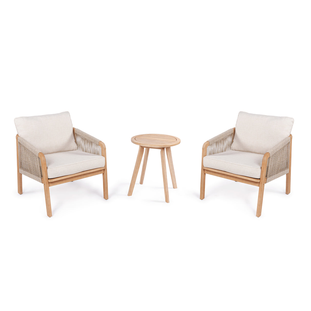 Aveiro 3-Piece Modern Bohemian Roped Acacia Wood Conversation Outdoor Patio Set with Cushions