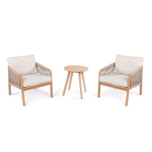 Aveiro 3-Piece Modern Bohemian Roped Acacia Wood Conversation Outdoor Patio Set with Cushions