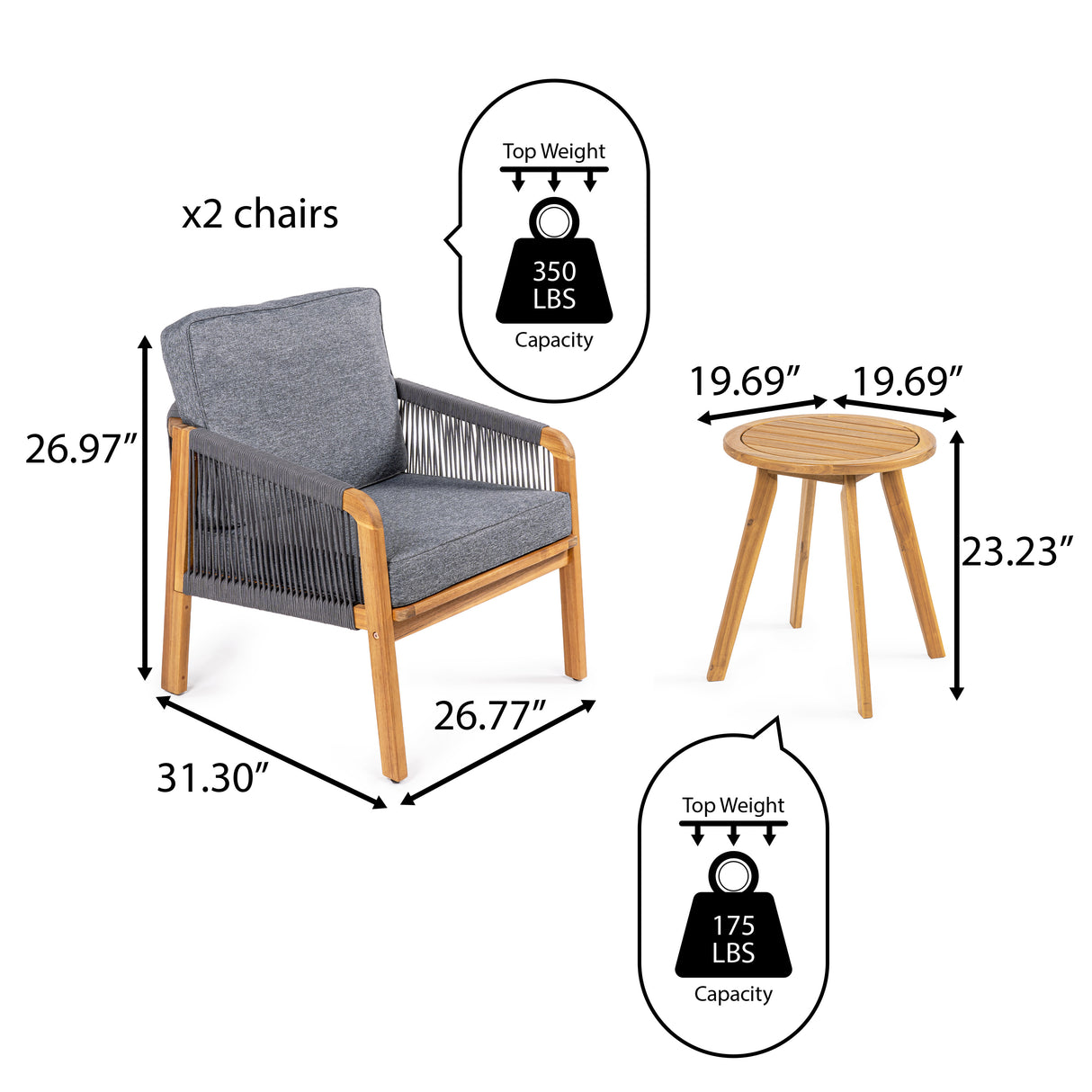 Aveiro 3-Piece Modern Bohemian Roped Acacia Wood Conversation Outdoor Patio Set with Cushions